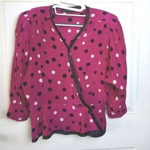 VINTAGE Louis Feraud Pink Silk Blouse Black Polka Dot 12